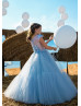 Blue Lace Tulle Buttons Back Floral Flower Girl Dress